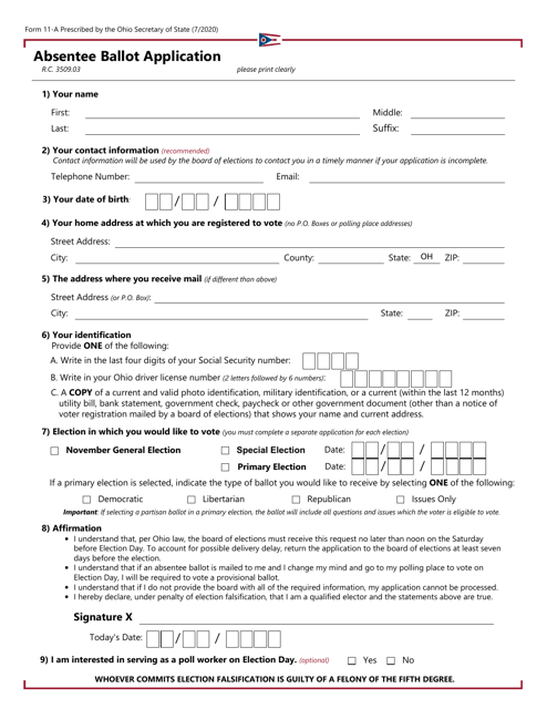 Form 11-A Absentee Ballot Application - Ohio