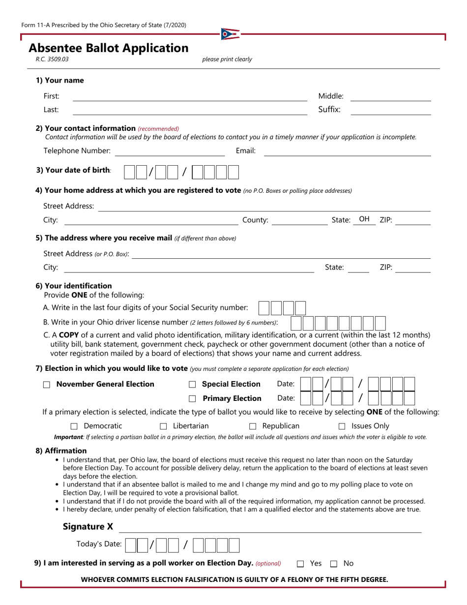 Form 11-A Absentee Ballot Application - Ohio, Page 1