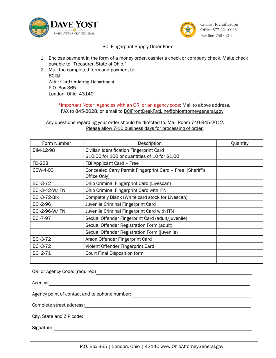 Ohio Bci Fingerprint Supply Order Form Download Printable PDF
