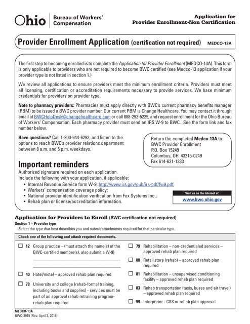 Form MEDCO-13A (BWC-3915) Application for Provider Enrollment Non-certification - Ohio