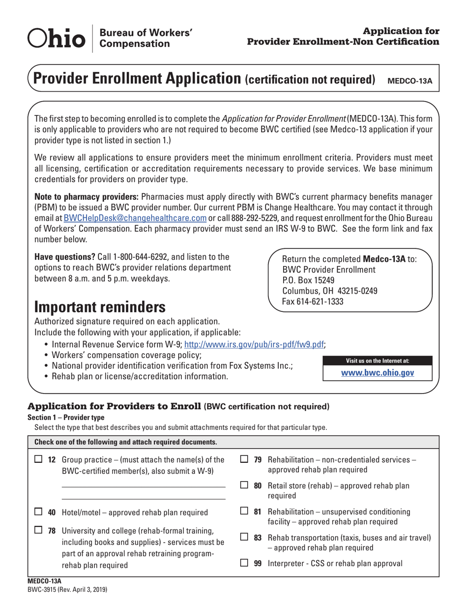 Form MEDCO-13A (BWC-3915) Application for Provider Enrollment Non-certification - Ohio, Page 1