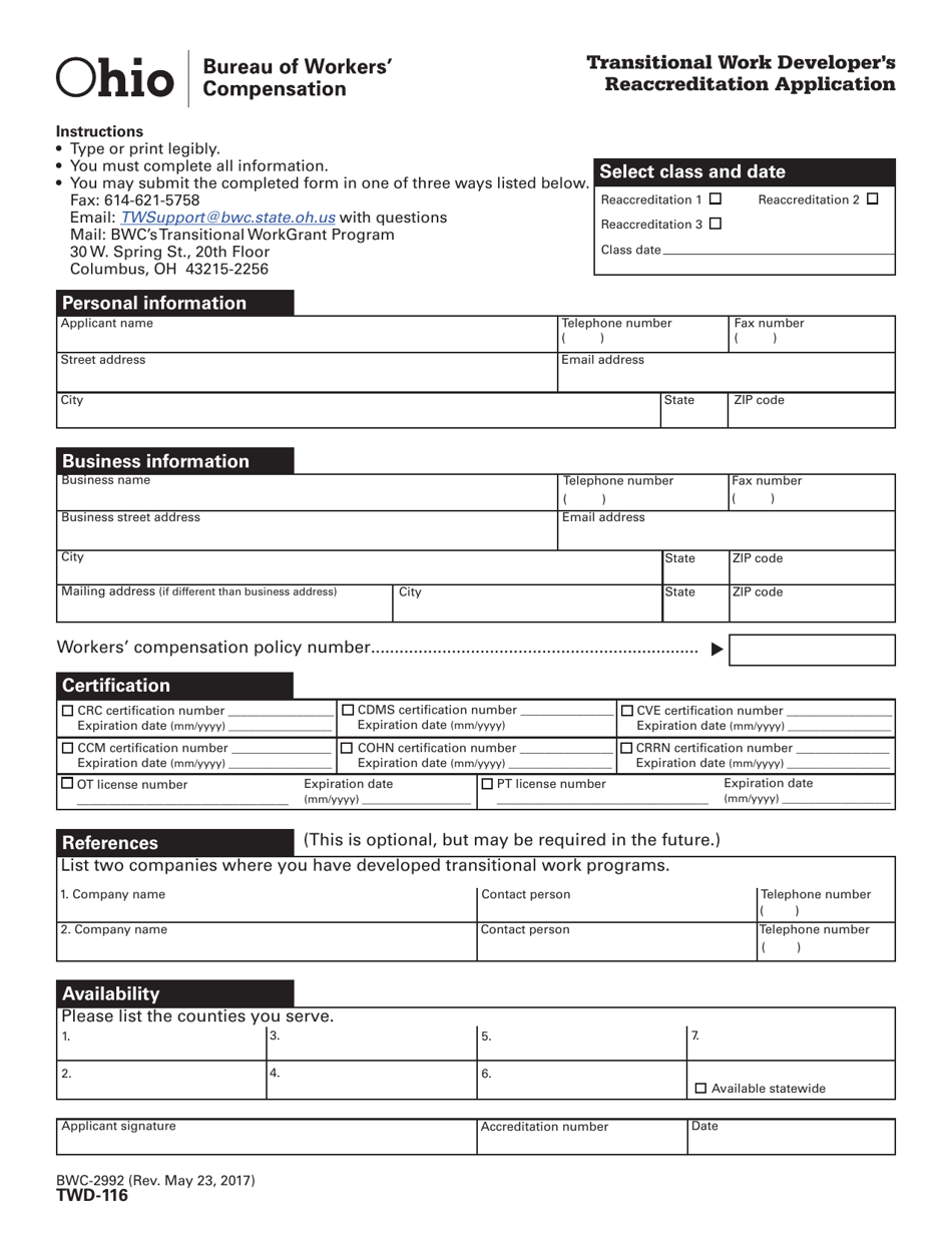 Form TWD-116 (BWC-2992) Transitional Work Developers Reaccreditation Application - Ohio, Page 1