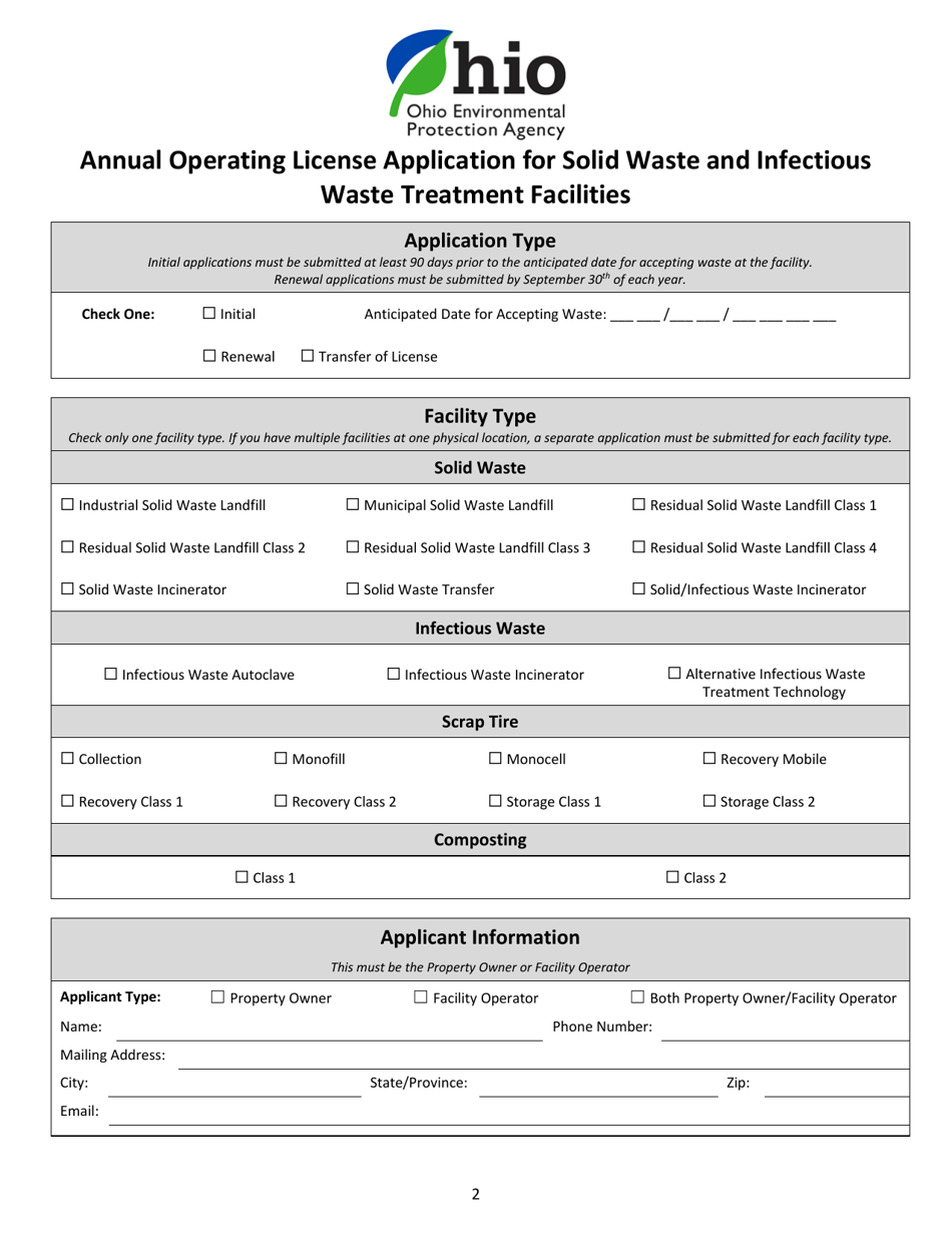 Infectious Waste Facility License Application - Ohio, Page 2