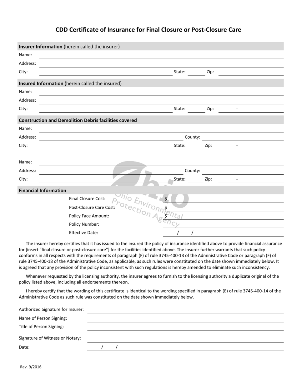 Cdd Certificate of Insurance for Final Closure or Post-closure Care - Ohio, Page 1