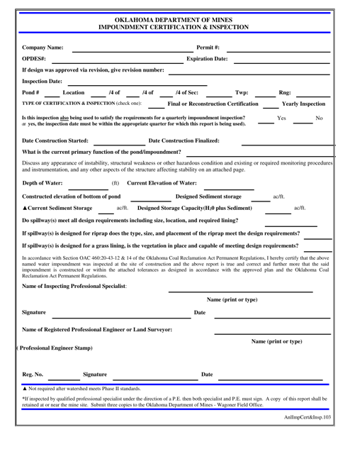 Impoundment Certification & Inspection - Oklahoma Download Pdf