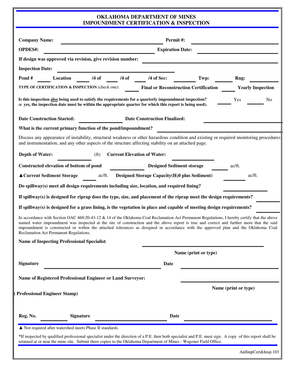 Impoundment Certification  Inspection - Oklahoma, Page 1