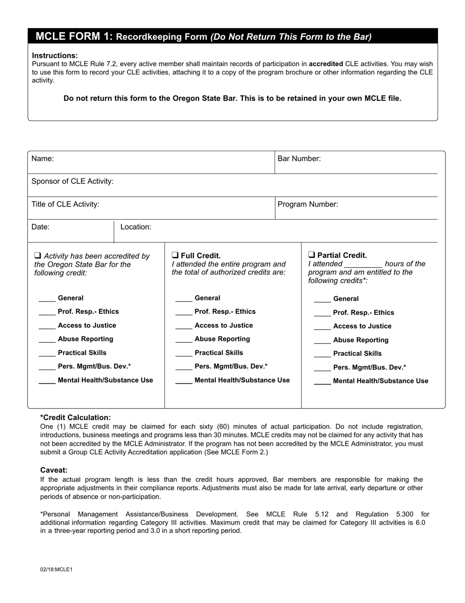 MCLE Form 1 Fill Out, Sign Online and Download Fillable PDF, Oregon