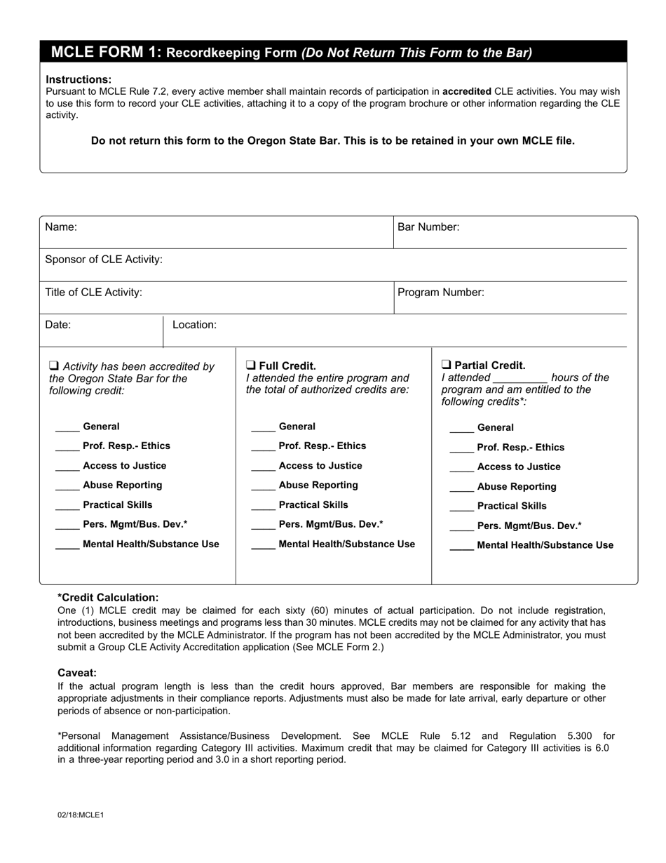 MCLE Form 1 Recordkeeping Form - Oregon, Page 1