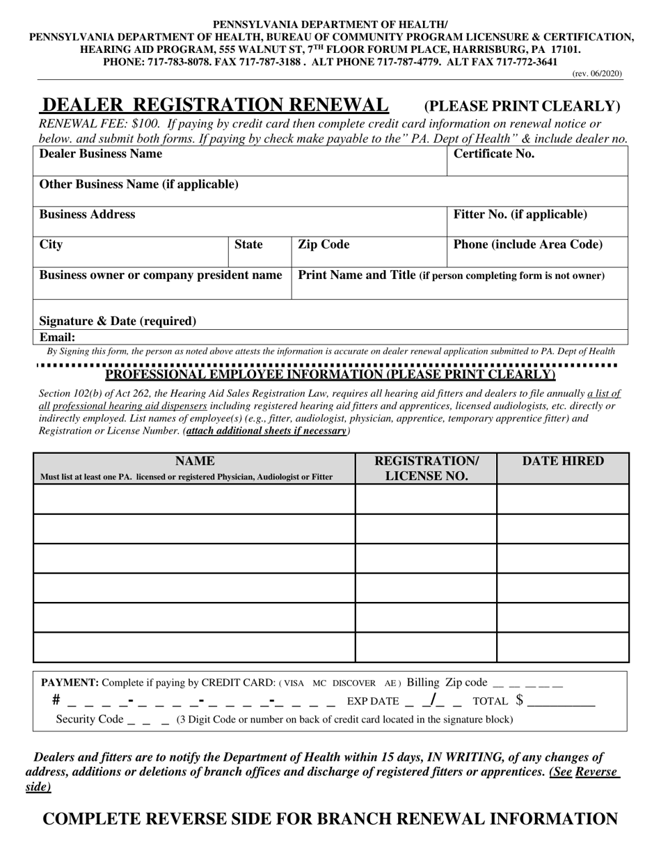 Dealer Renewal Application - Pennsylvania, Page 1