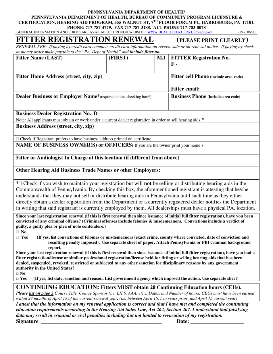Fitter Renewal Application - Pennsylvania, Page 1