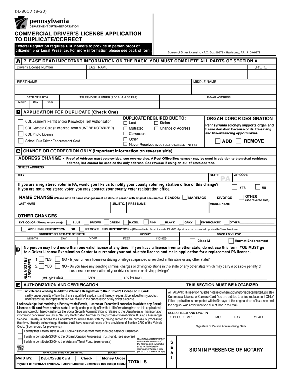 Form DL-80CD Commercial Driver's License Application to Duplicate/Correct - Pennsylvania, Page 1