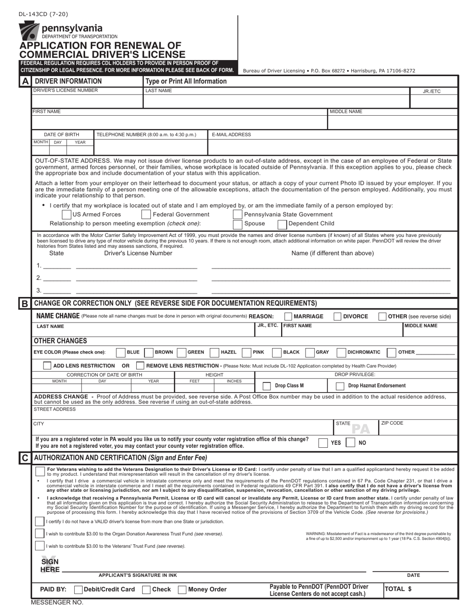 Form DL-143CD Application for Renewal of Commercial Drivers License - Pennsylvania, Page 1