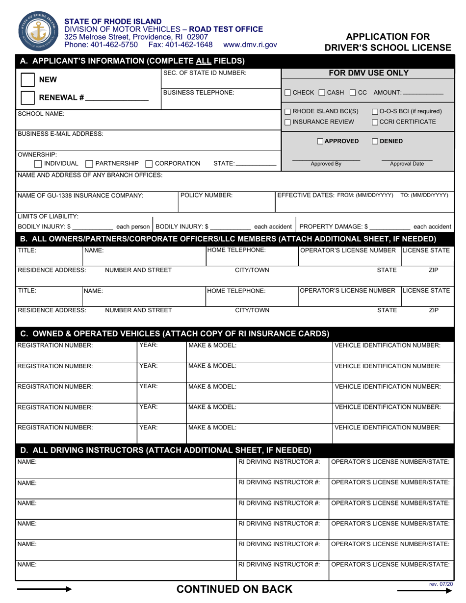 Application for Drivers School License - Rhode Island, Page 1