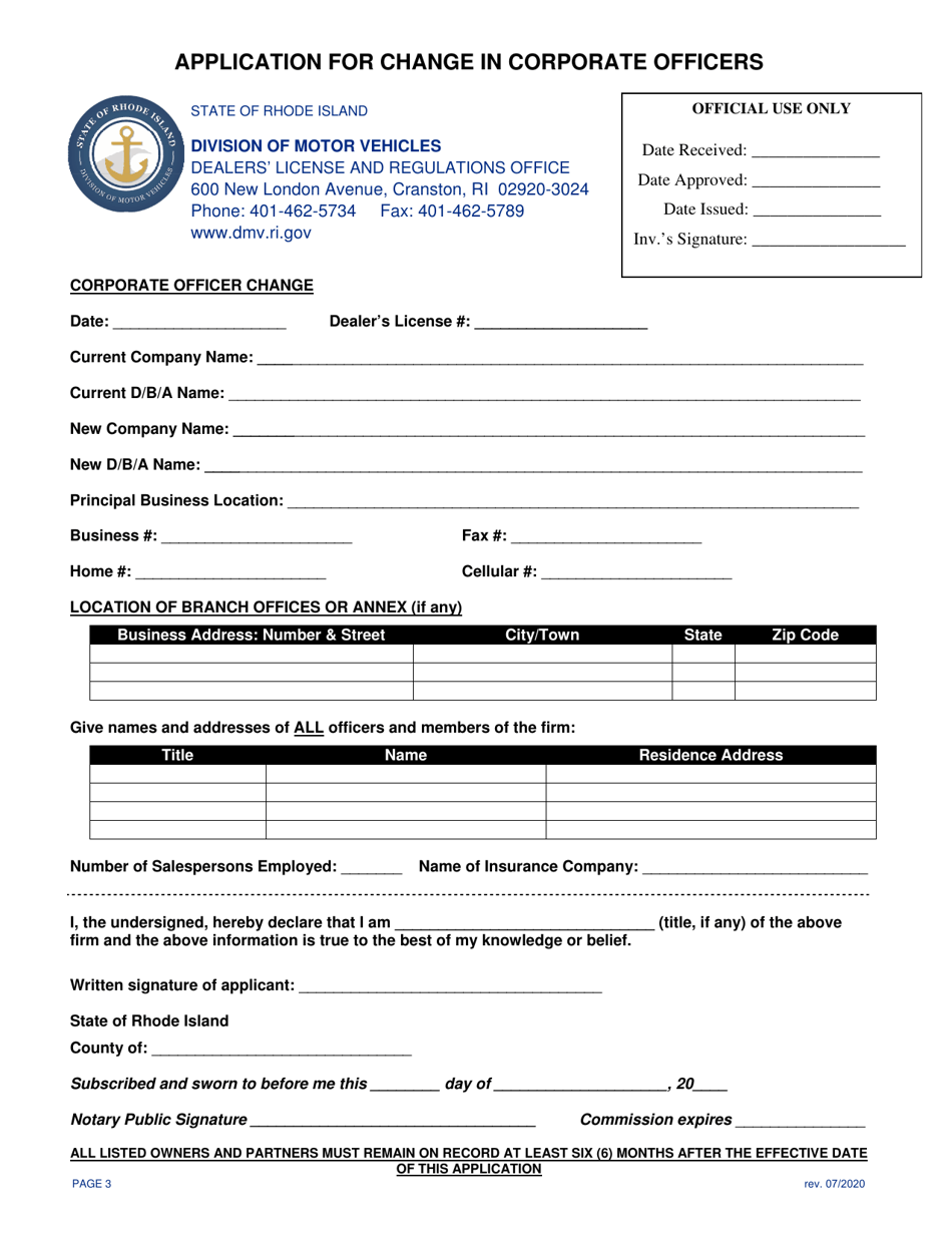 Application for Change in Corporate Officers - Rhode Island, Page 3