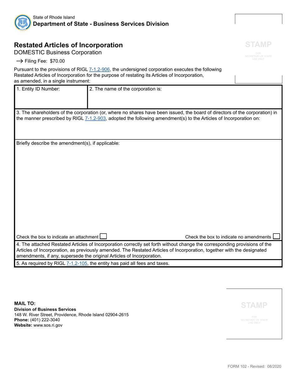 Form 102 Restated Articles of Incorporation for a Domestic Business Corporation - Rhode Island, Page 2
