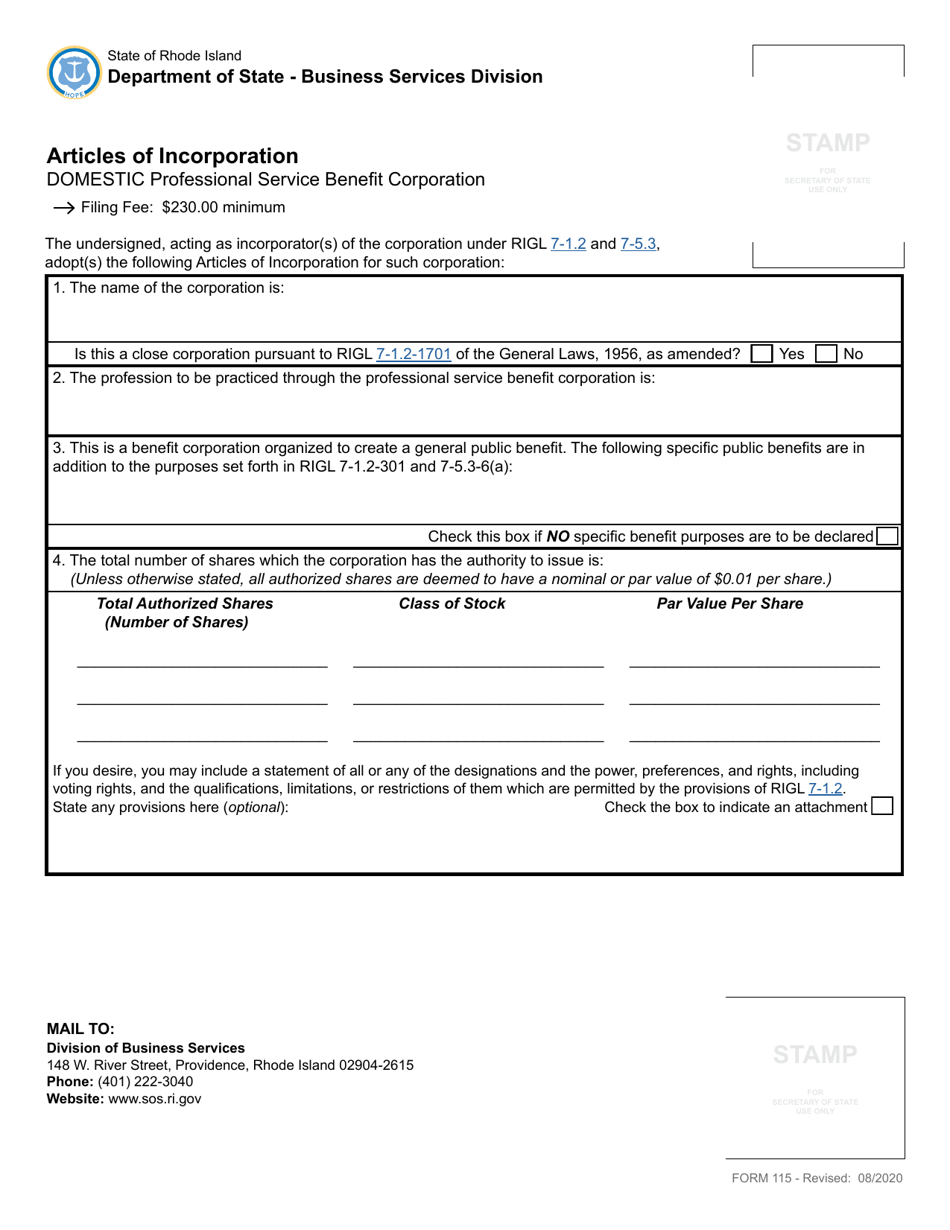 Form 115 Articles of Incorporation for a Domestic Professional Service Benefit Corporation - Rhode Island, Page 3