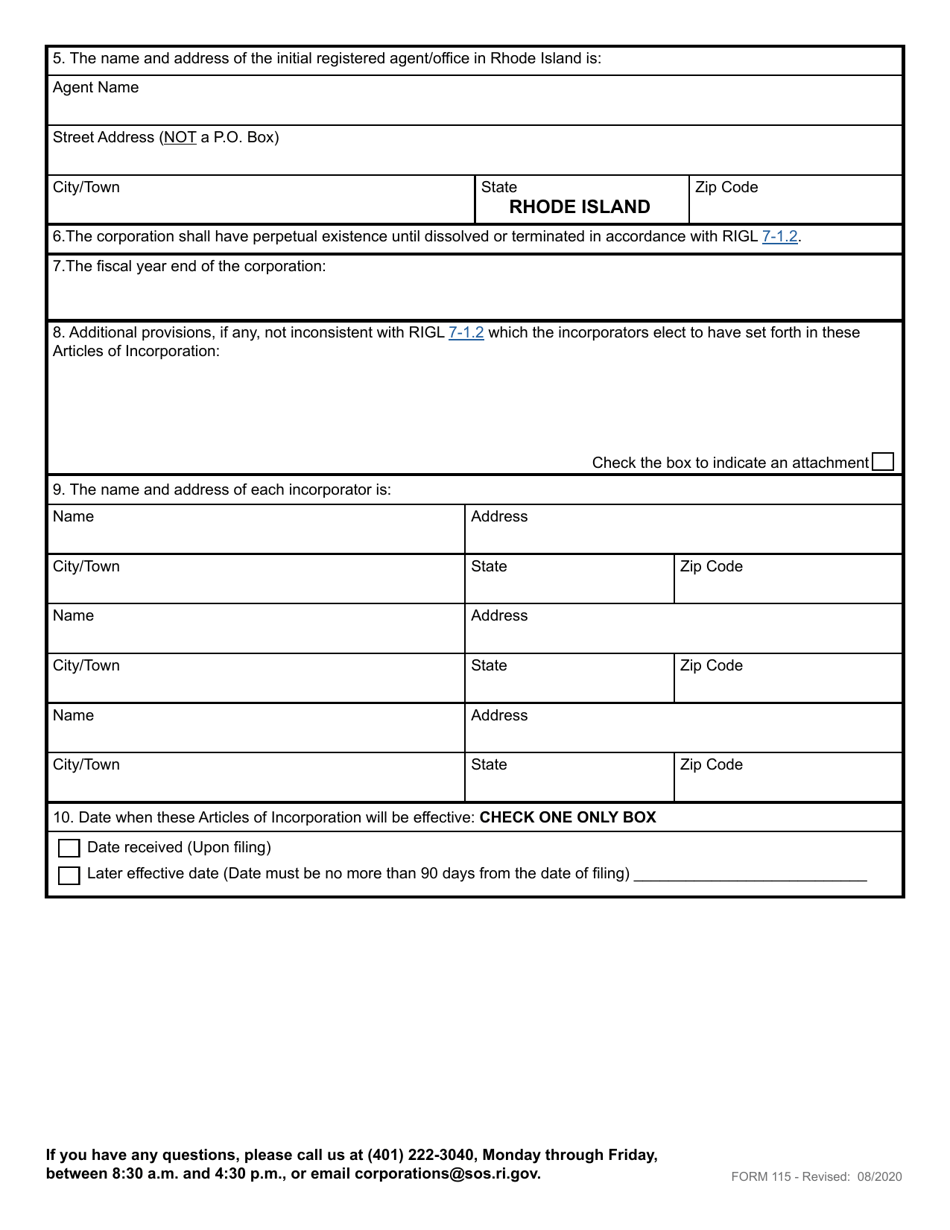 Form 115 Articles of Incorporation for a Domestic Professional Service Benefit Corporation - Rhode Island, Page 4