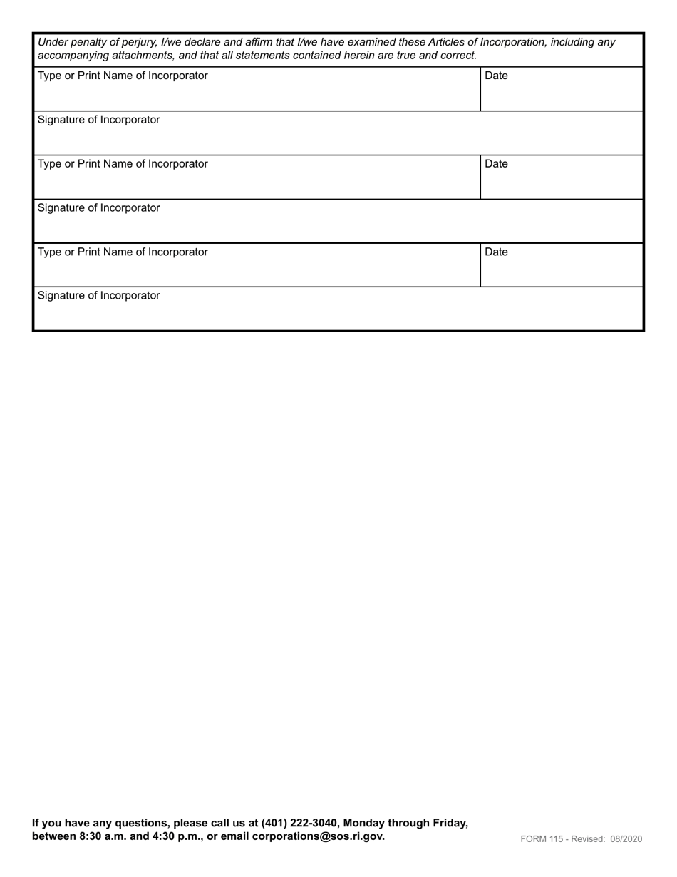 Form 115 Articles of Incorporation for a Domestic Professional Service Benefit Corporation - Rhode Island, Page 5