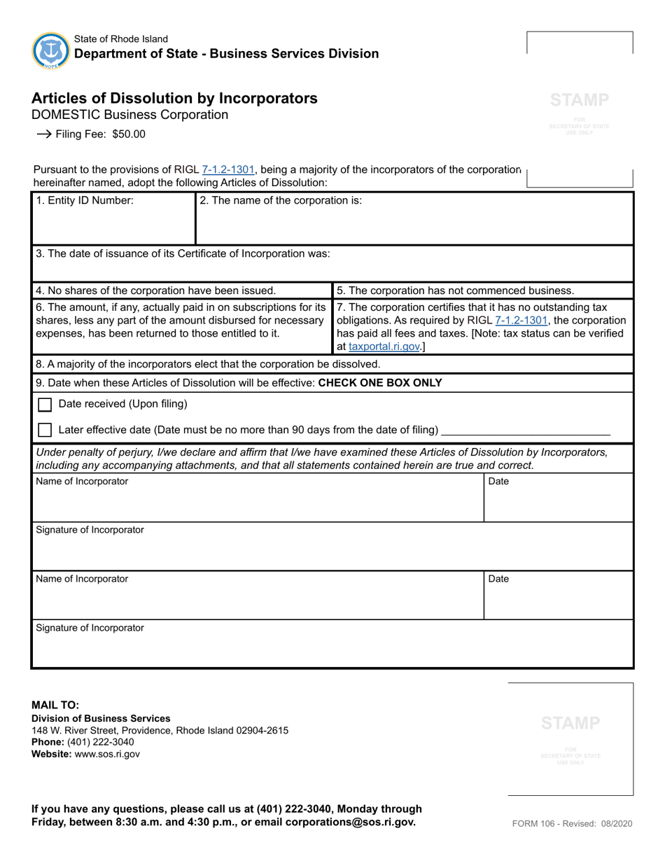 Form 106 Articles of Dissolution by Incorporators for a Domestic Business Corporation - Rhode Island, Page 2