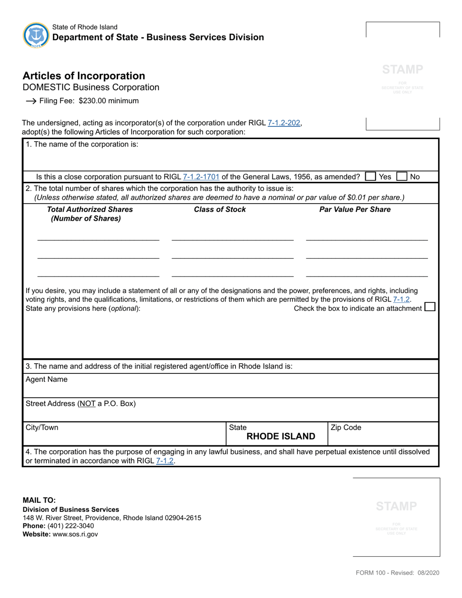 Form 100 Articles of Incorporation for a Domestic Business Corporation - Rhode Island, Page 2