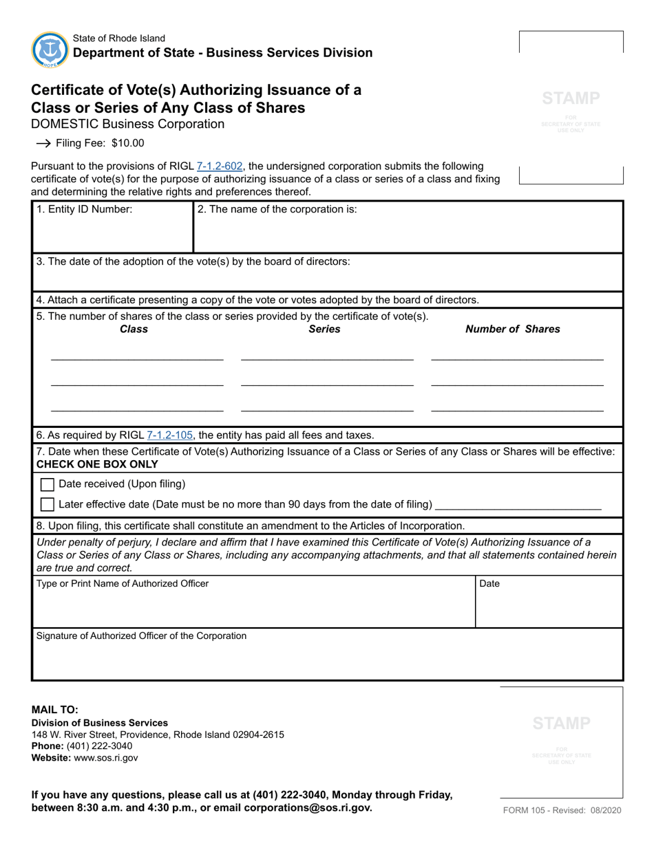 Form 105 Certificate of Vote(S) Authorizing Issuance of a Class or Series of Any Class of Shares for a Domestic Corporation - Rhode Island, Page 2