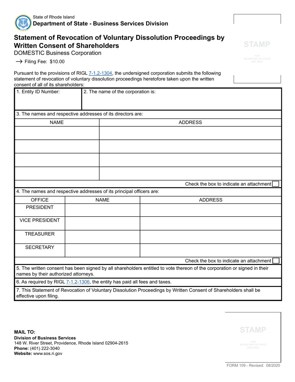 Form 109 Statement of Revocation of Voluntary Dissolution Proceedings by Written Consent of Shareholders for a Domestic Corporation - Rhode Island, Page 2