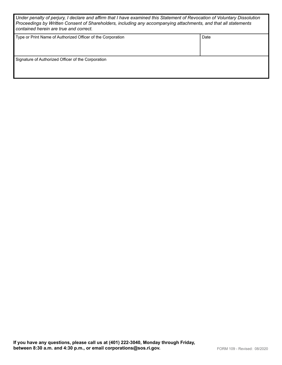 Form 109 Statement of Revocation of Voluntary Dissolution Proceedings by Written Consent of Shareholders for a Domestic Corporation - Rhode Island, Page 3