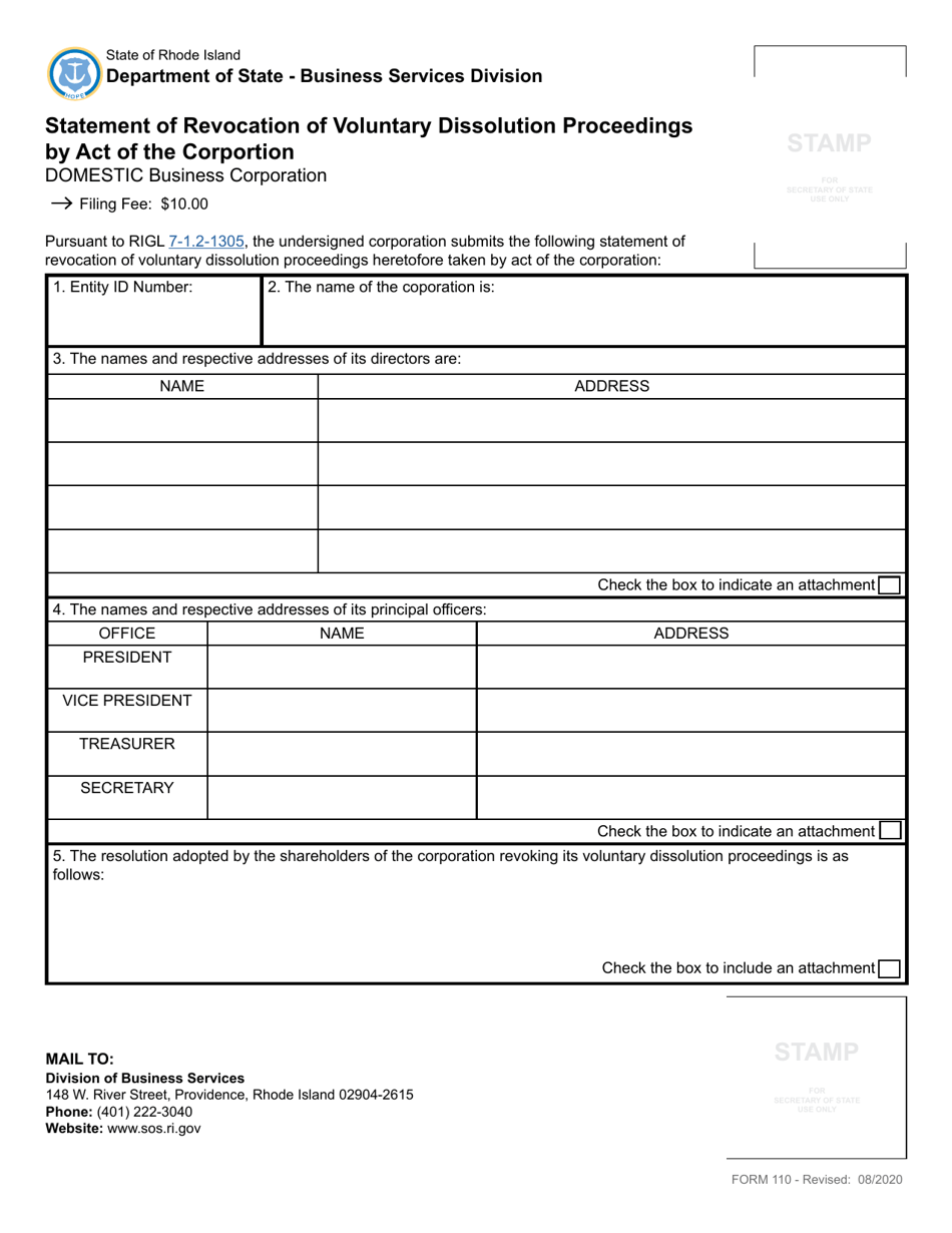 Form 110 Statement of Revocation of Voluntary Dissolution Proceedings by Act of the Corporation for a Domestic Corporation - Rhode Island, Page 2