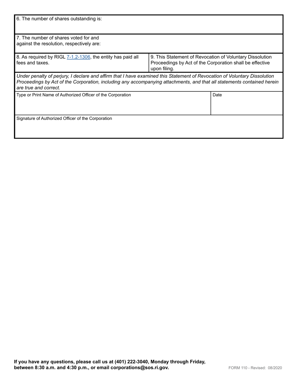 Form 110 Statement of Revocation of Voluntary Dissolution Proceedings by Act of the Corporation for a Domestic Corporation - Rhode Island, Page 3