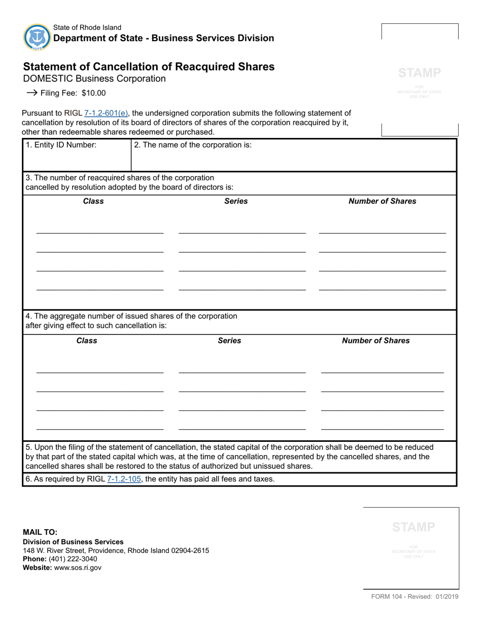 Form 104 Statement of Cancellation of Reacquired Shares for a Domestic Corporation - Rhode Island, Page 2