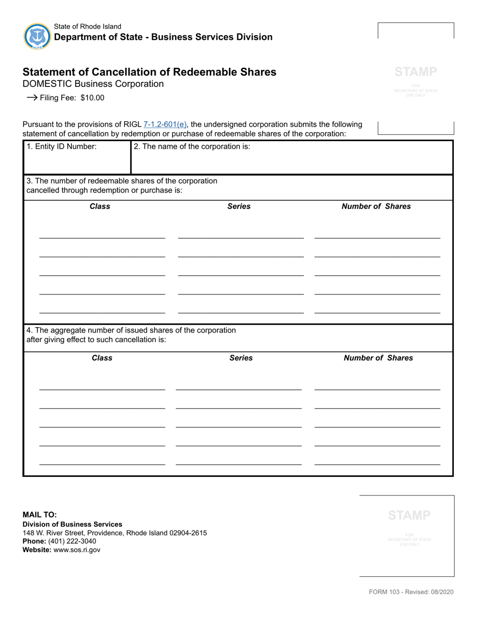 Form 103 Statement of Cancellation of Redeemable Shares for a Domestic Business Corporation - Rhode Island, Page 2