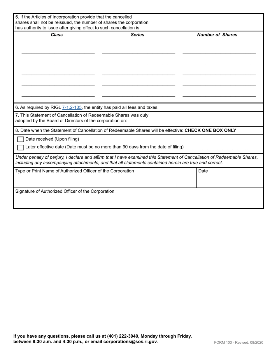 Form 103 Statement of Cancellation of Redeemable Shares for a Domestic Business Corporation - Rhode Island, Page 3