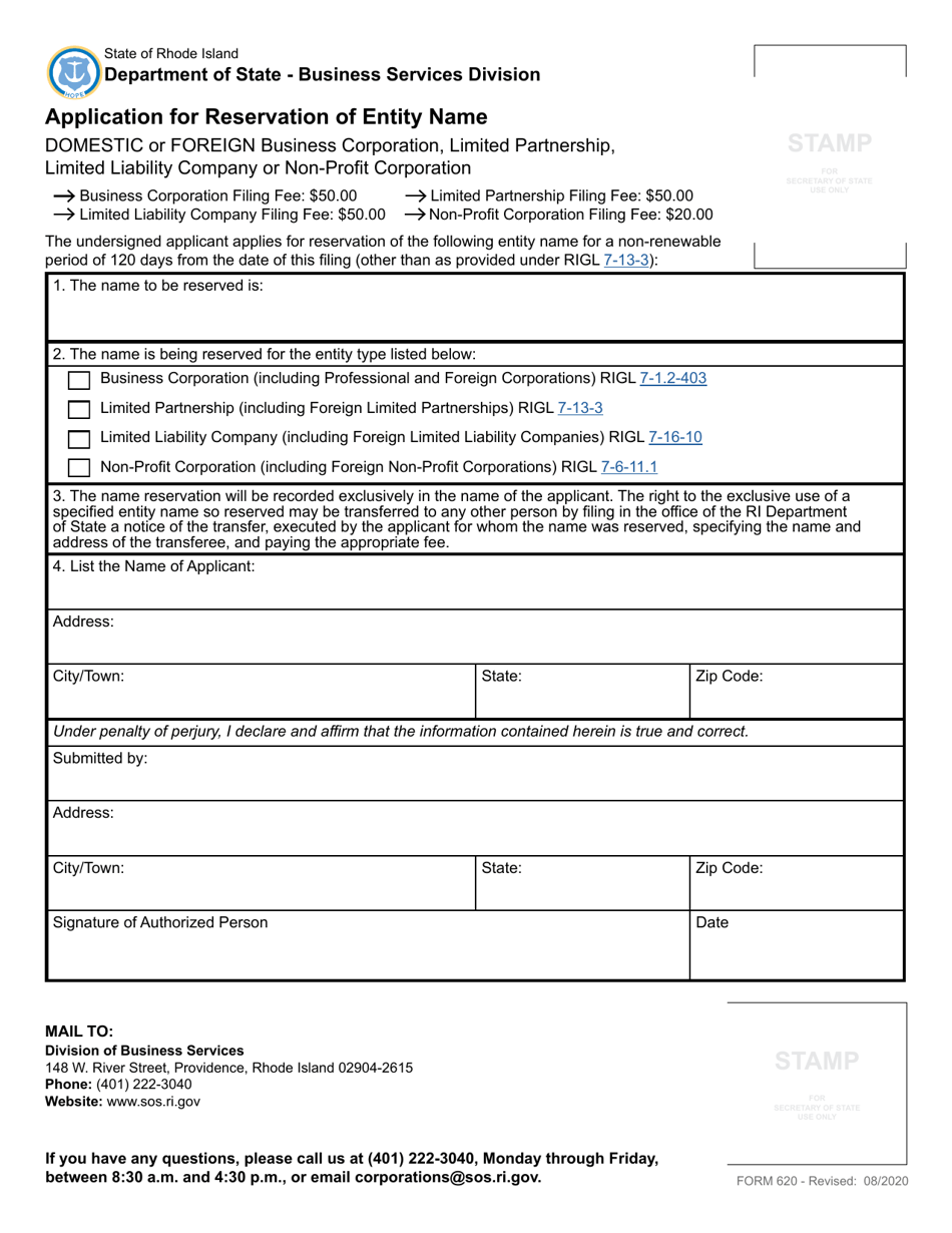 Form 620 Application for Reservation of Entity Name - Rhode Island, Page 2