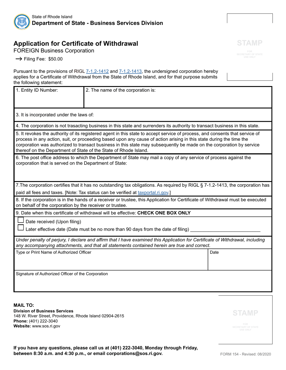 Form 154 Application for Certificate of Withdrawal for a Foreign Business Corporation - Rhode Island, Page 2