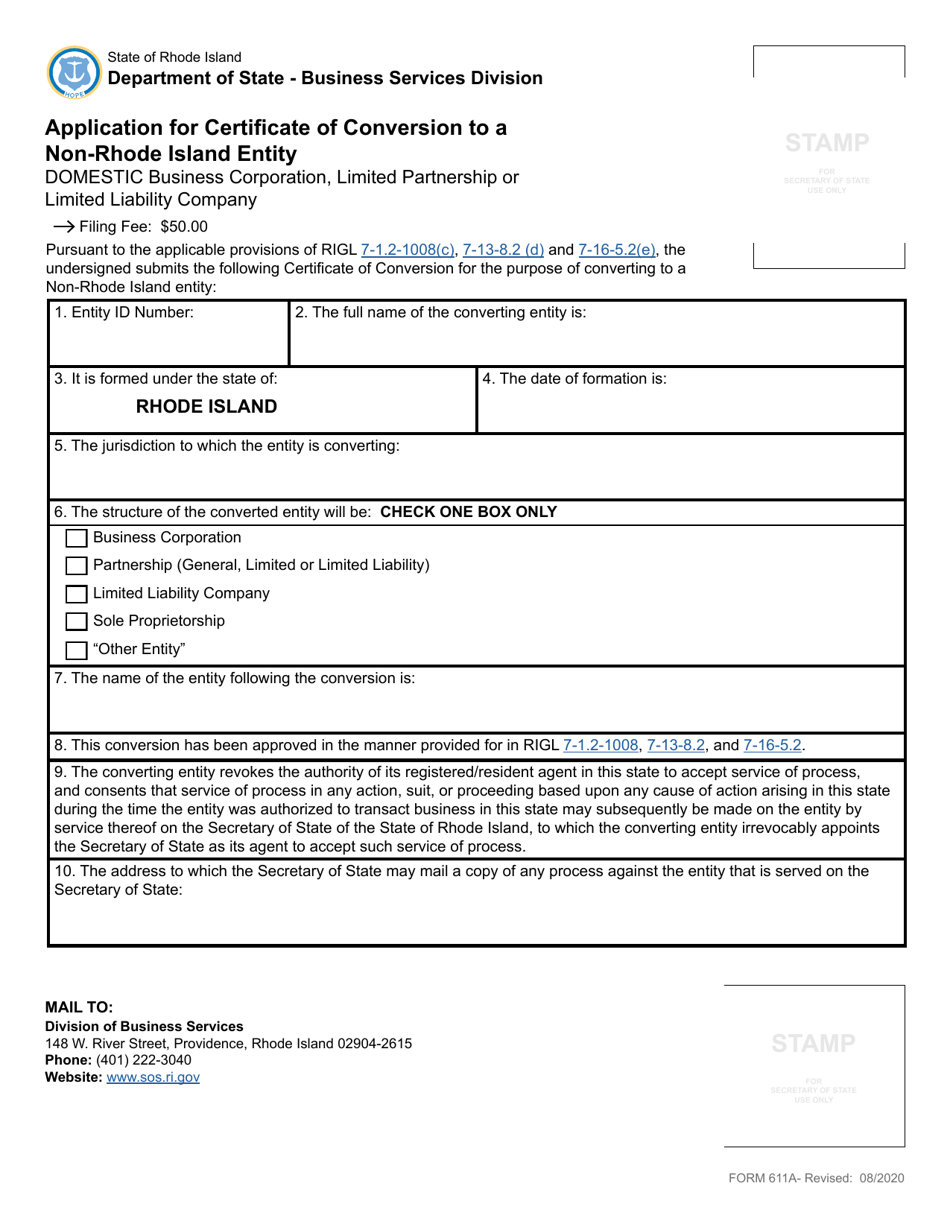 Form 611A Application for Certificate of Conversion to a Non-rhode Island Entity - Rhode Island, Page 2