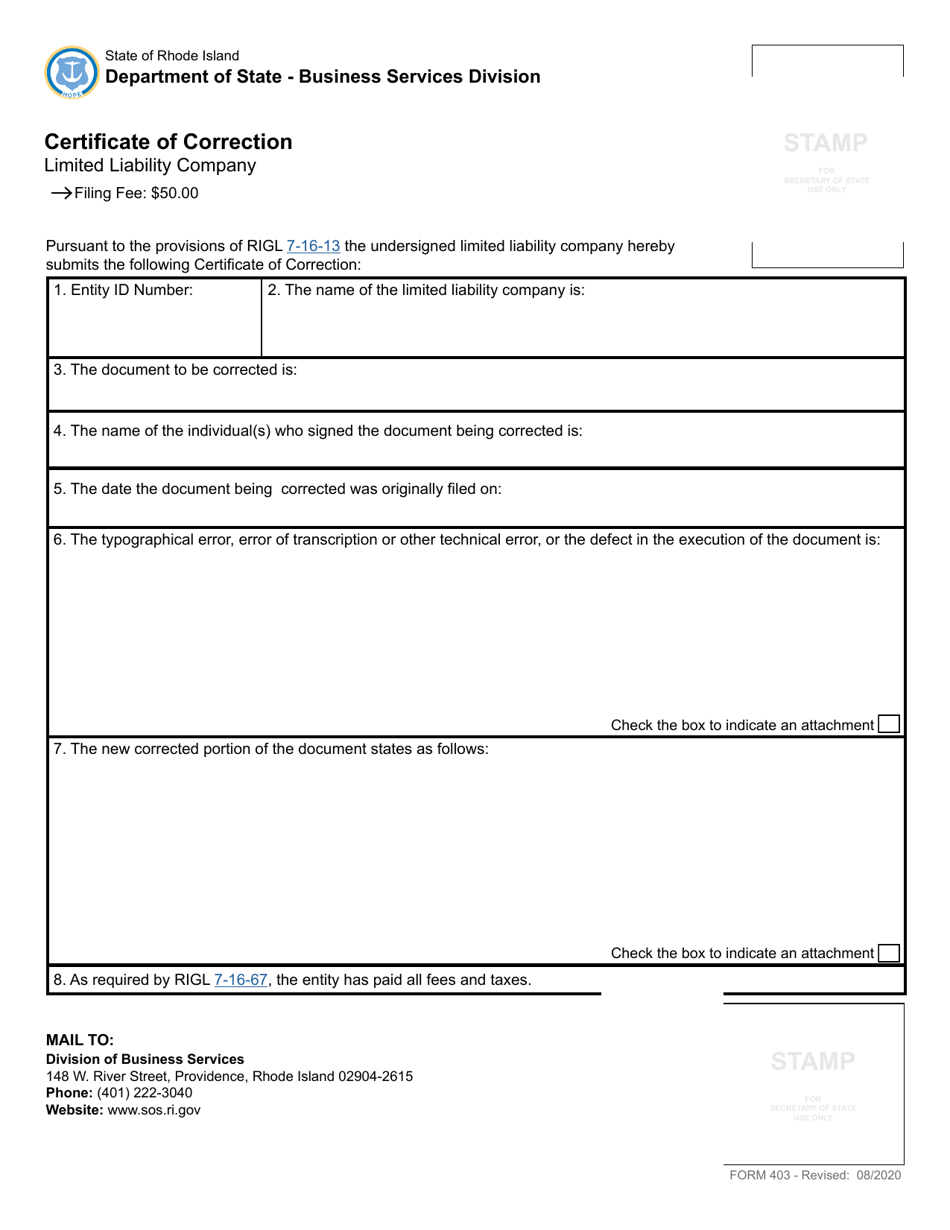 Form 403 Certificate of Correction for a Limited Liability Company - Rhode Island, Page 2