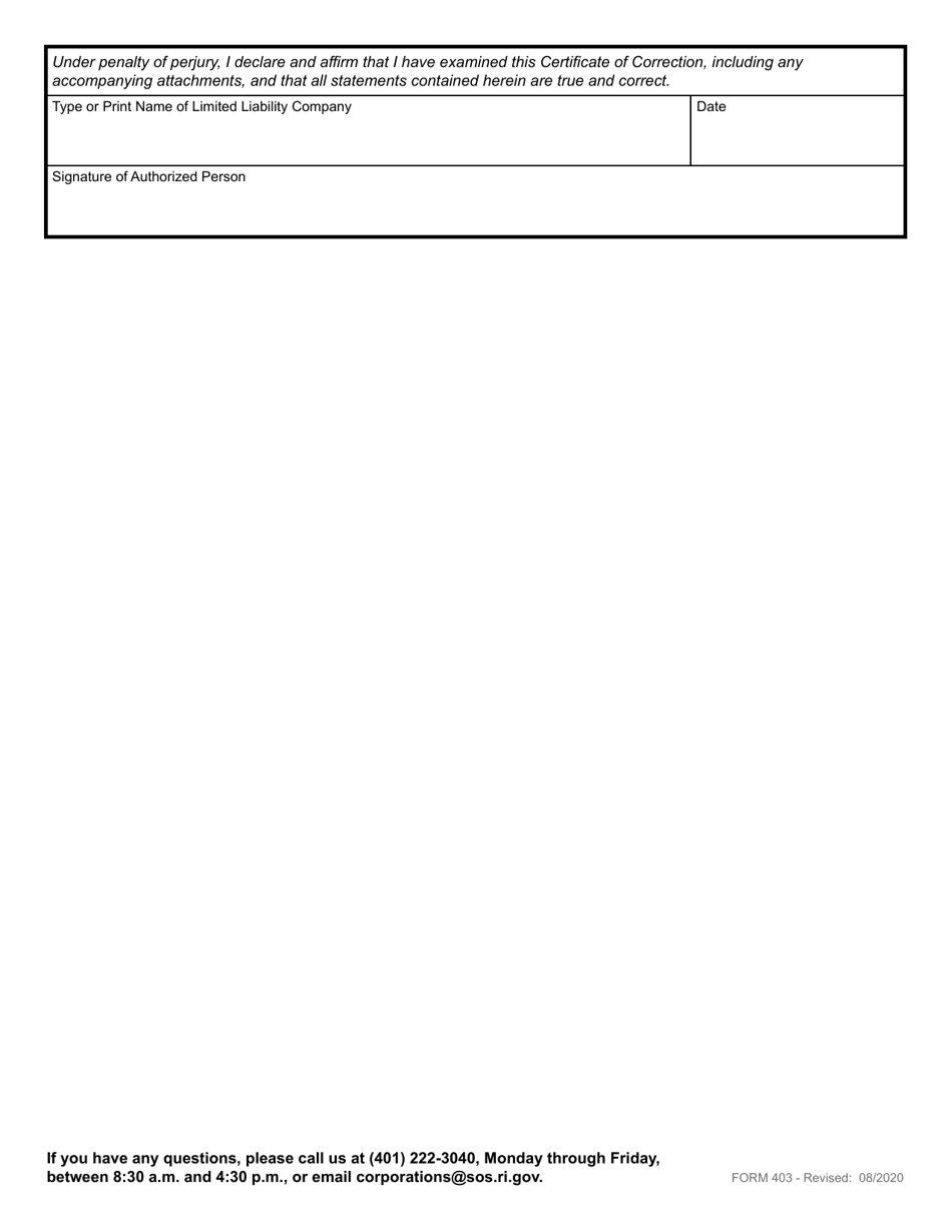 Form 403 Certificate of Correction for a Limited Liability Company - Rhode Island, Page 3