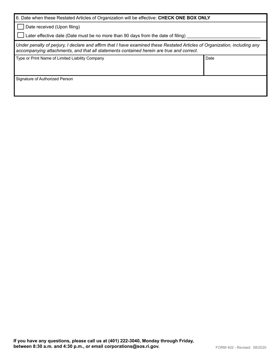 Form 402 Restated Articles of Organization for a Domestic Limited Liability Company - Rhode Island, Page 3