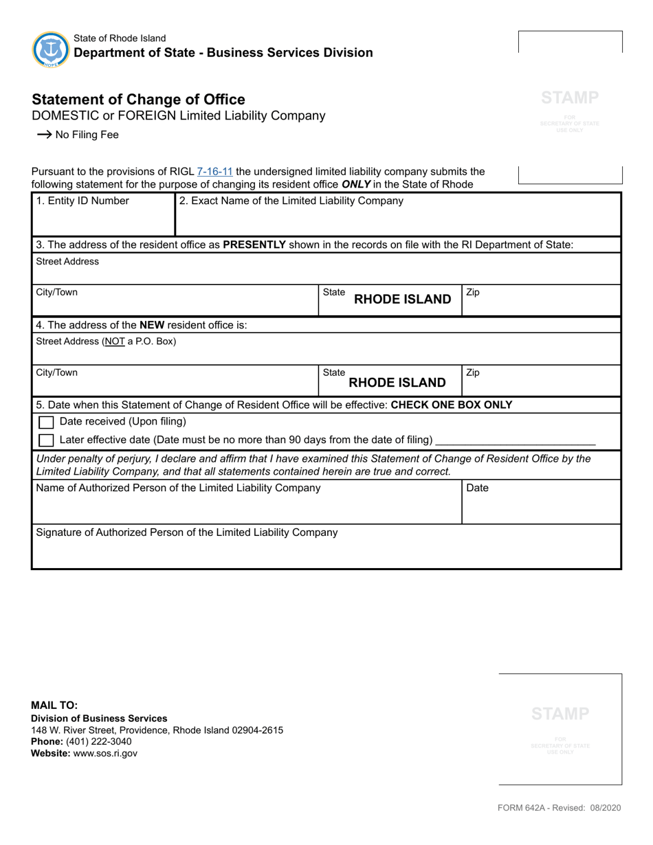 Form 642A Limited Liability Company Statement of Change of Resident Office - Rhode Island, Page 2
