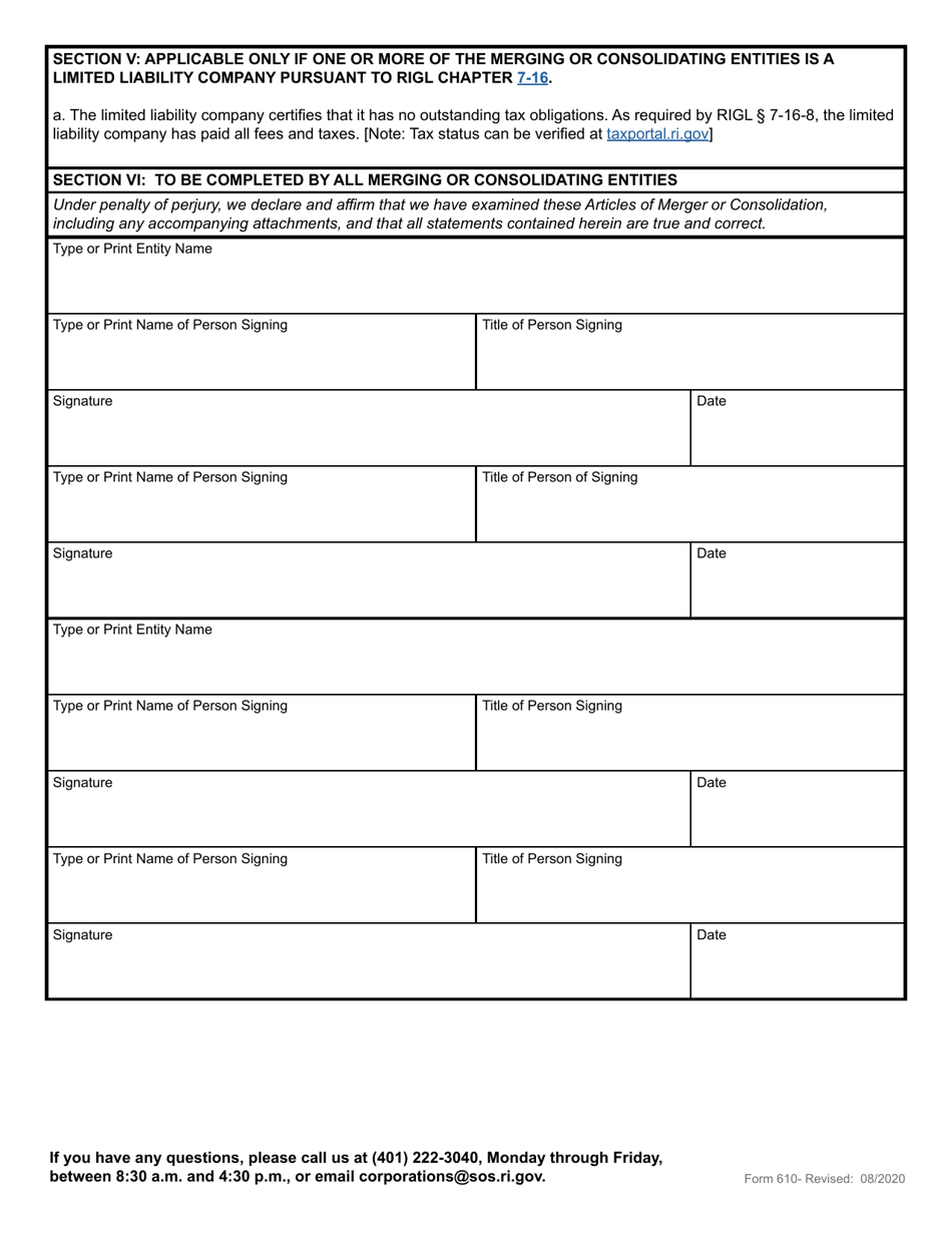 Form 610 Application for Articles of Merger or Consolidation - Rhode Island, Page 5