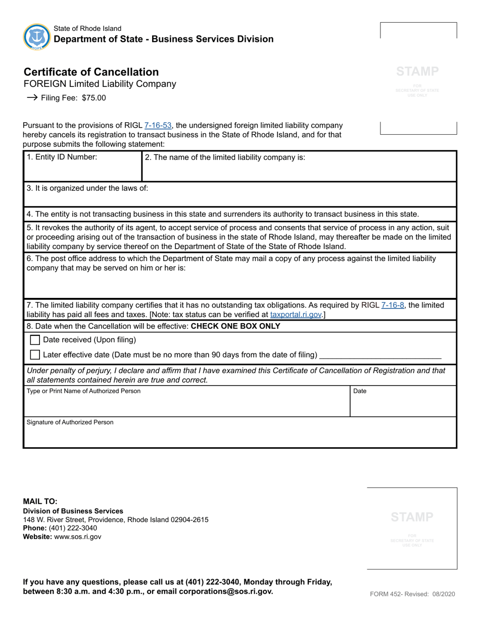 Form 452 Certificate of Cancellation of a Foreign Limited Liability Company - Rhode Island, Page 2