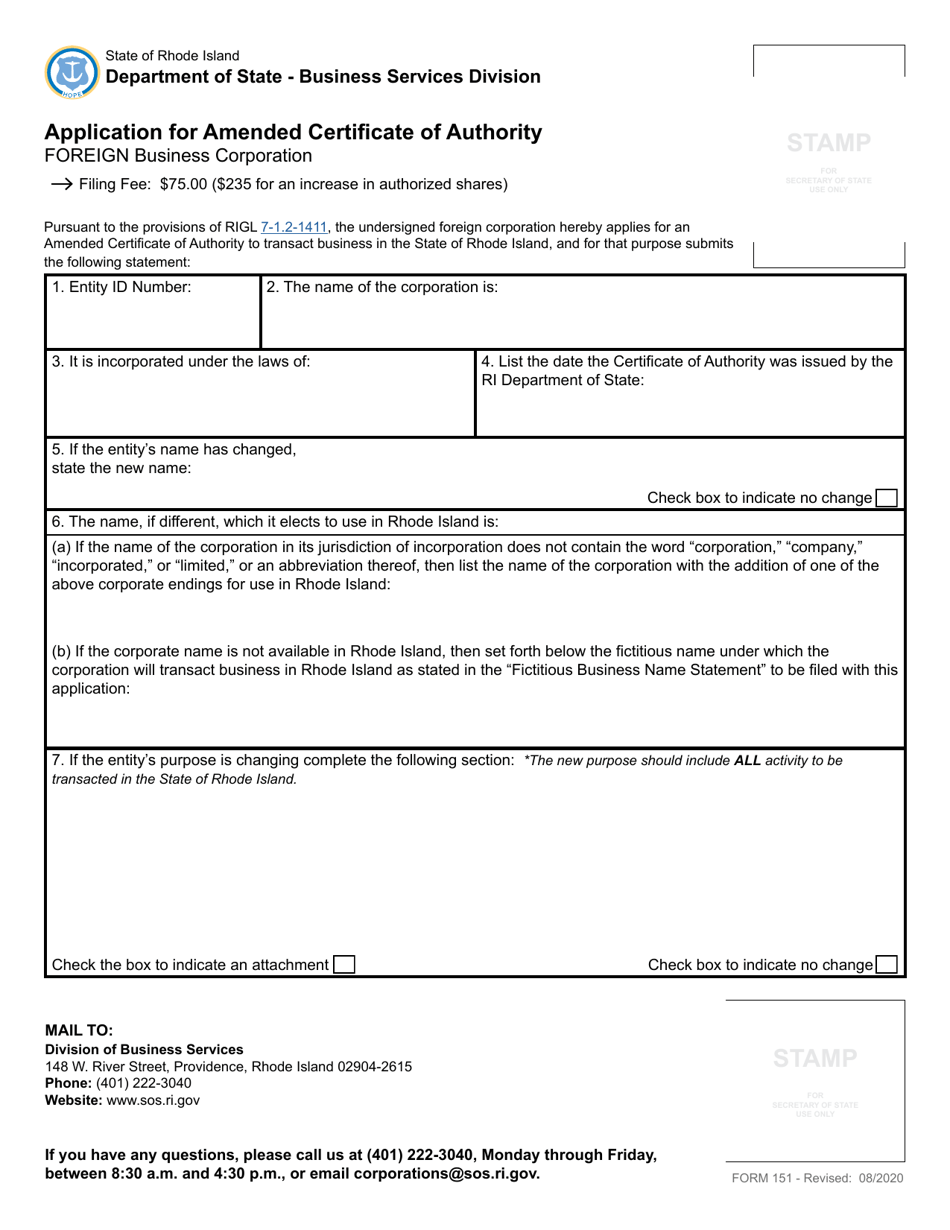 Form 151 Application for Amended Certificate of Authority by a Foreign Business Corporation - Rhode Island, Page 3