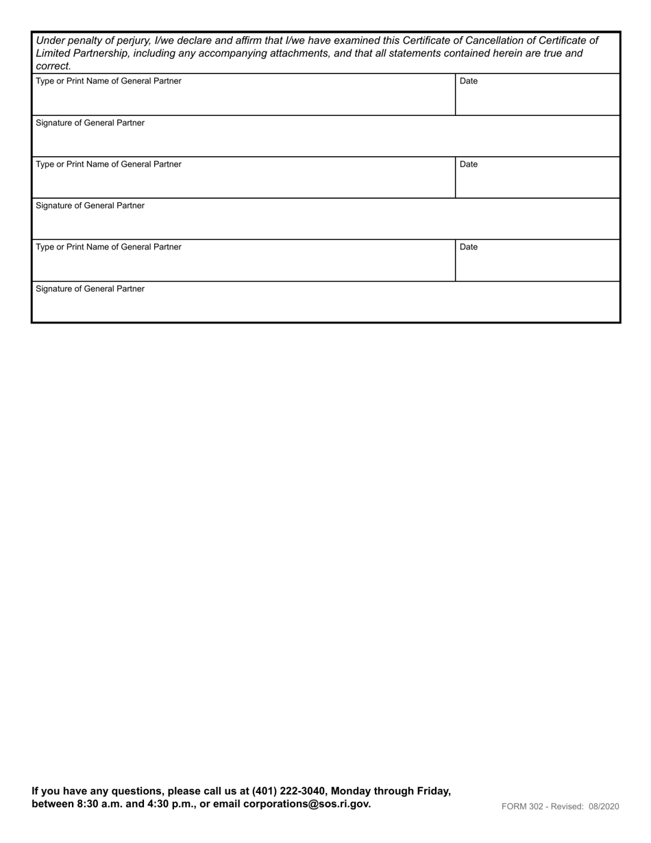 Form 302 Certificate of Cancellation of Limited Partnership - Rhode Island, Page 3