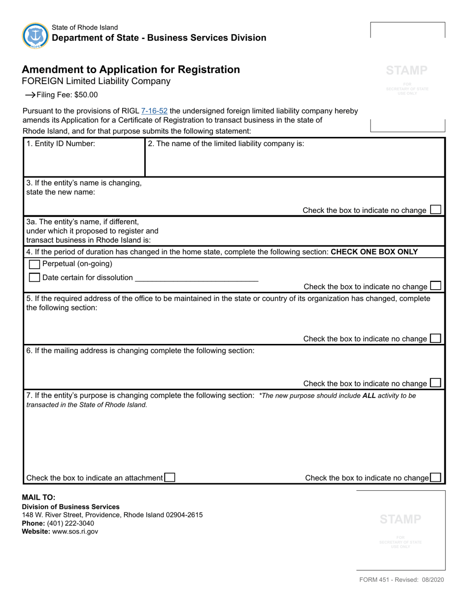 Form 451 Amendment to an Application for Registration of a Foreign Limited Liability Company - Rhode Island, Page 2