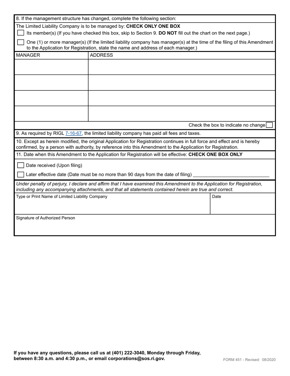 Form 451 Amendment to an Application for Registration of a Foreign Limited Liability Company - Rhode Island, Page 3