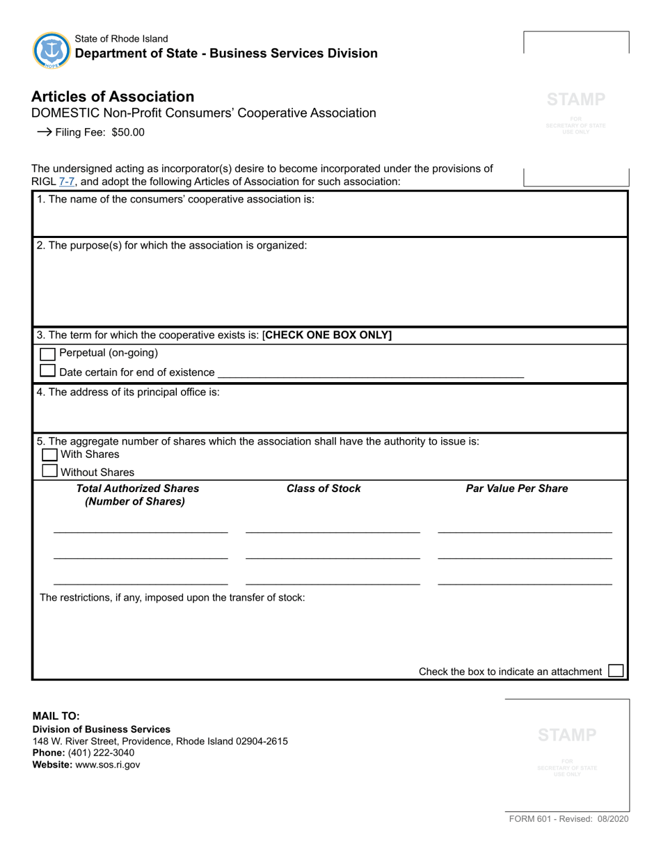 Form 601 Articles of Association for a Non-profit Consumers Cooperative Association - Rhode Island, Page 2