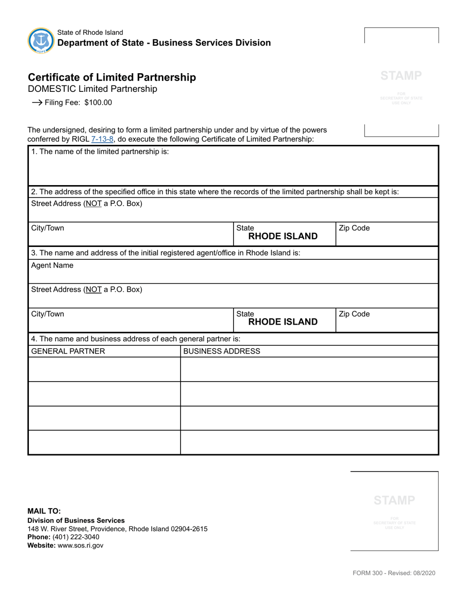 Form 300 Certificate of Limited Partnership for a Limited Partnership - Rhode Island, Page 2