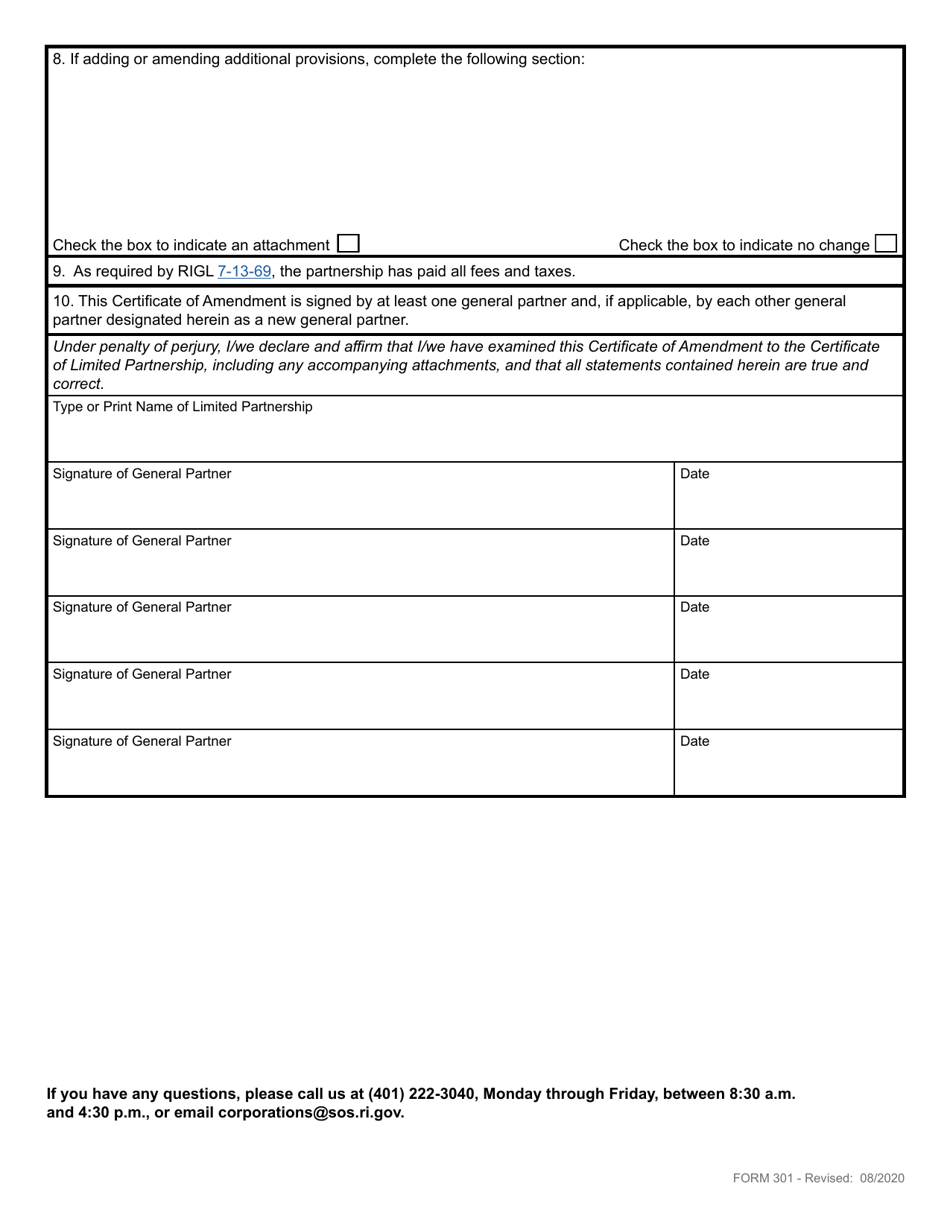 Form 301 Certificate of Amendment to Certificate of Domestic Limited Partnership - Rhode Island, Page 3