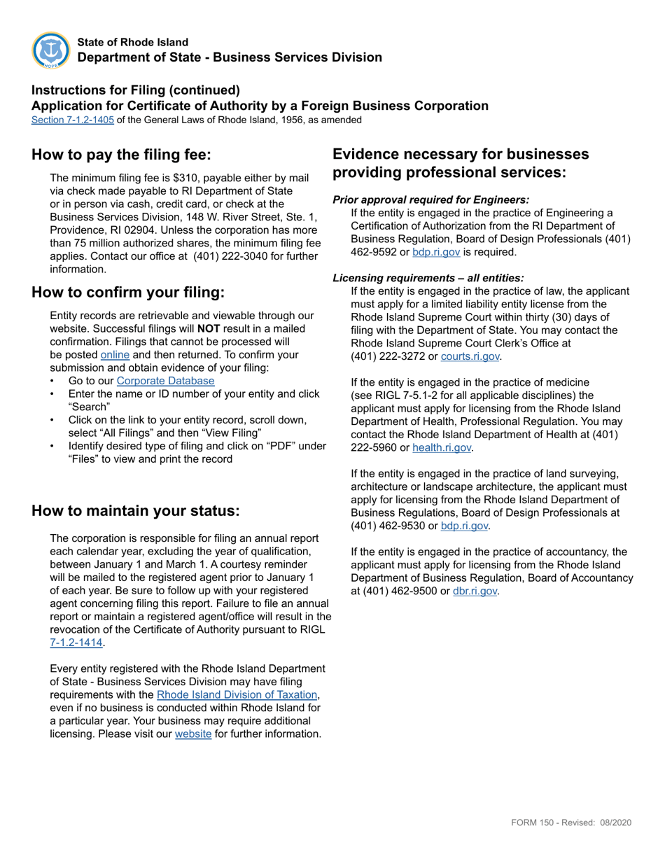 Form 150 Application for Certificate of Authority by a Foreign Business Corporation - Rhode Island, Page 2