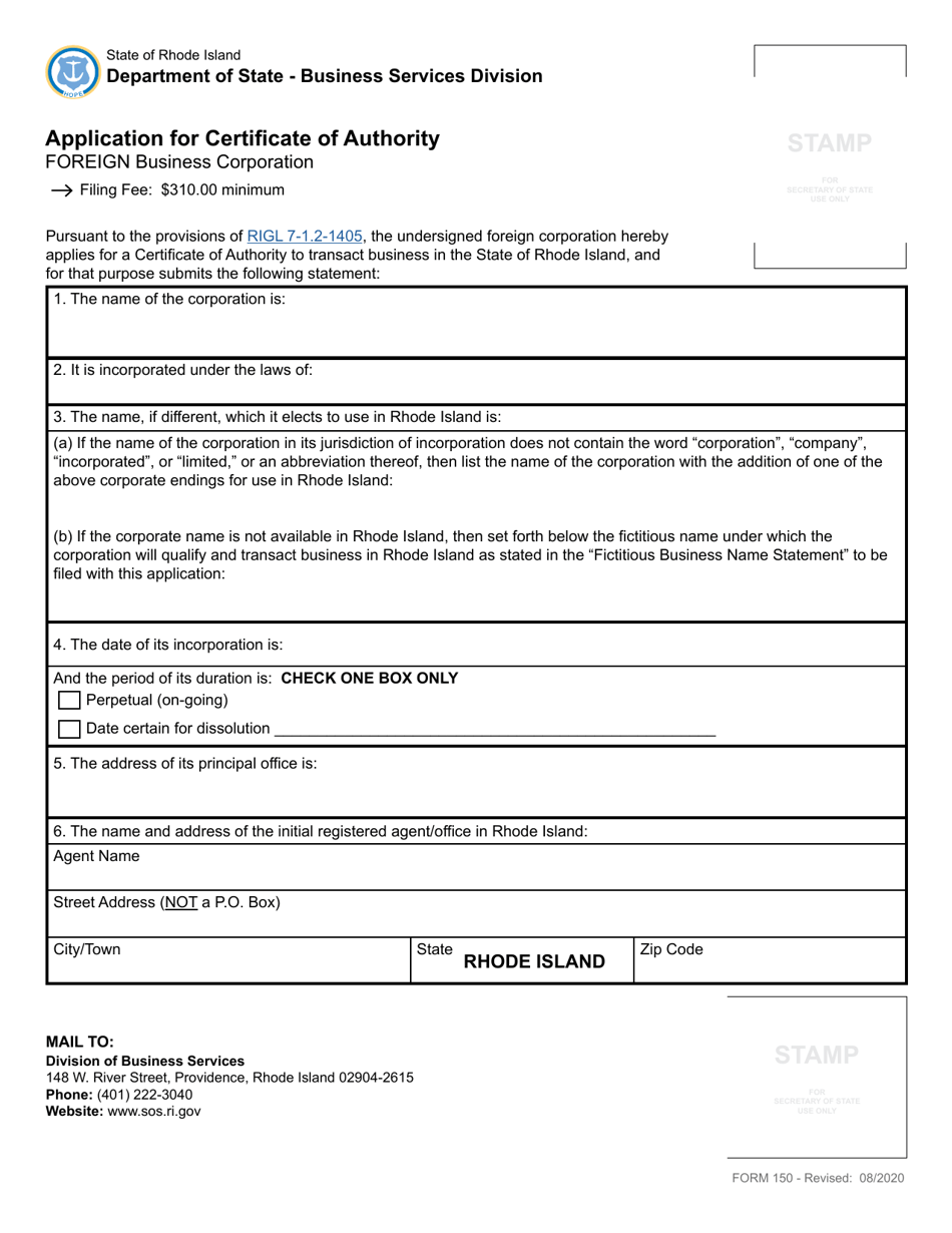 Form 150 Application for Certificate of Authority by a Foreign Business Corporation - Rhode Island, Page 3